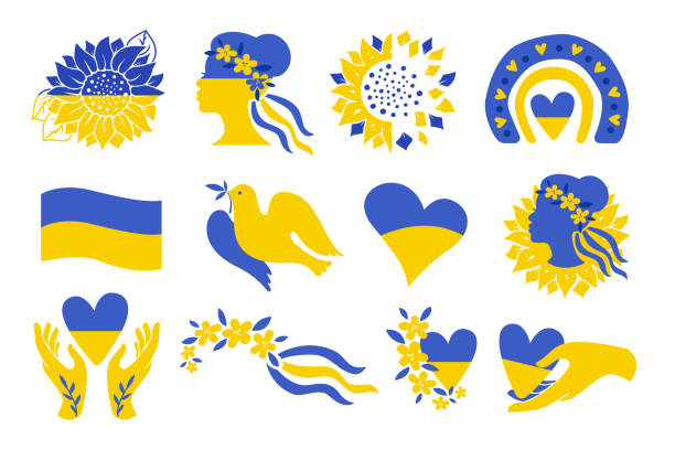 набор украинских икон национального символа выделен на белом фоне. коллекция клипартов векторная плоская иллюстрация с радугой, подсолнух - ukraine white background yellow blue stock illustrations