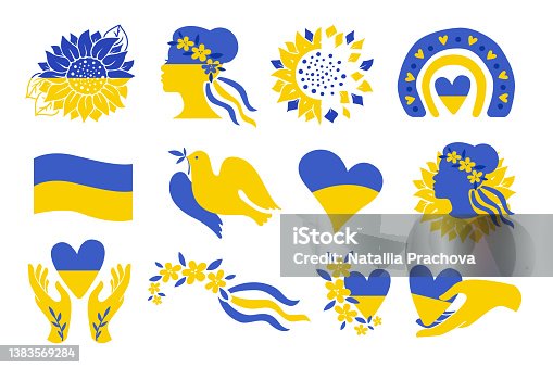 istock Ukrainian icons set of national symbol isolated on white background. Clipart collection vector flat illustration with rainbow, sunflower, woman, heart, flag, wreath, hand, ribbon in blue, yellow color 1383569284