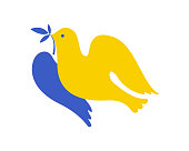 Dove with branch icon blue yellow colors Ukrainian flag isolated on white background.