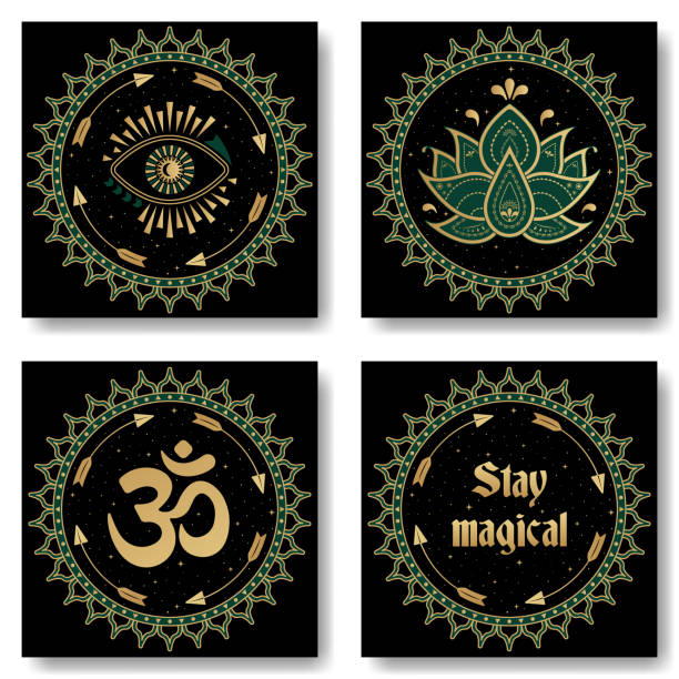 ilustrações de stock, clip art, desenhos animados e ícones de set of mystic symbols folk illustration. magical mandala round shape - mandala circle hinduism pattern