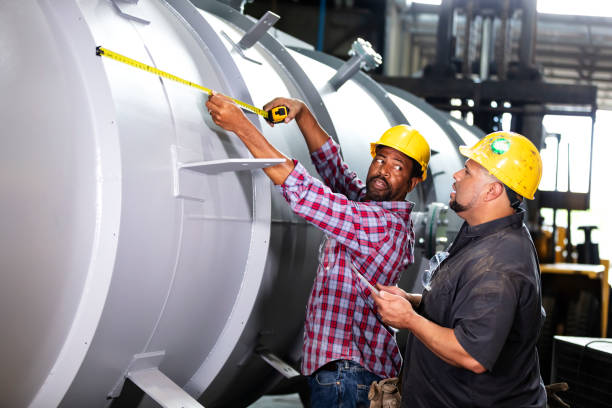 istock Two multiracial men working in metal fabrication plant 1383599702