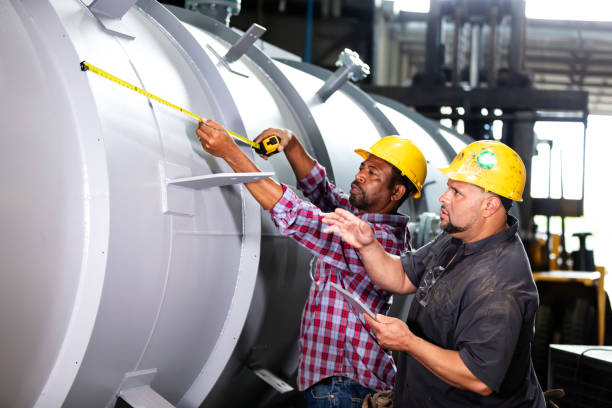 istock Two multiracial men working in metal fabrication plant 1383599714