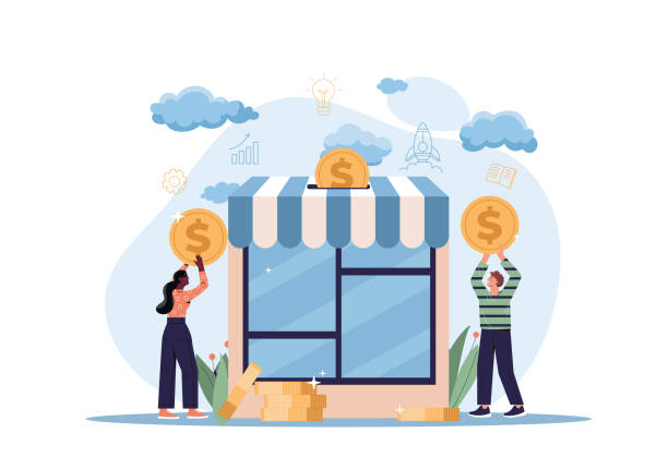 Financing business concept Financing business concept. Man and girl with coins in their hands. Investors and investments, financial literacy, small business support. Sources of company income. Cartoon flat vector illustration small business stock illustrations