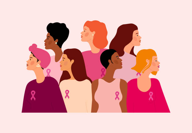 Breast cancer concept Breast cancer concept. Crowd of girls on poster or banner, international holidays, reminder of importance of taking care of health. Women with pink ribbons on chests. Cartoon flat vector illustration breast cancer awareness stock illustrations