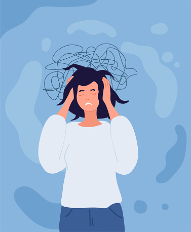 Frustrated woman concept. Girl in panic and horror. Psychological problems and difficulties, discomfort. Stray and depression, loneliness, panic and stress, burnout. Cartoon flat vector illustration