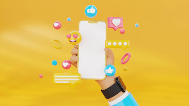 3d-рендеринг социальных иконок с рукой вокруг телефона apple watch - iphone google holding telephone стоковые фото и изображения