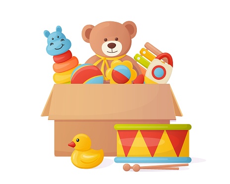 Children's toys in a box. cartoon illustration