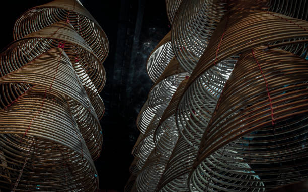 istock Multiple large yellow incense coils hanging in stacks from the Ceiling in a Chinese shrine. 1383622068