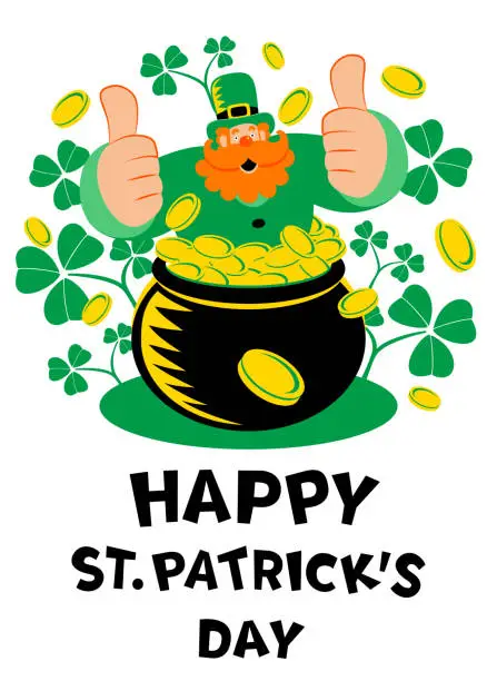 Vector illustration of The mysterious leprechaun popping out of a pot of gold gives a thumbs up and wishes 