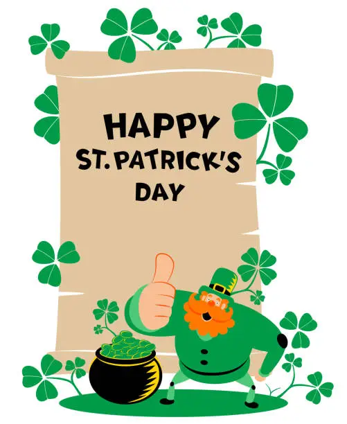 Vector illustration of The mysterious leprechaun is giving a thumbs up and looking at a medieval paper scroll that has a 