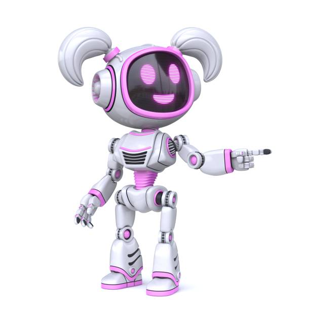 istock Cute pink girl robot finger pointing 3D 1383632540