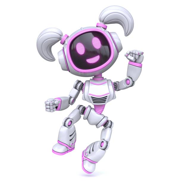 Cute pink girl robot happy jumping 3D rendering illustration isolated on white background