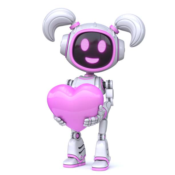 istock Cute pink girl robot holding red heart 3D 1383632914