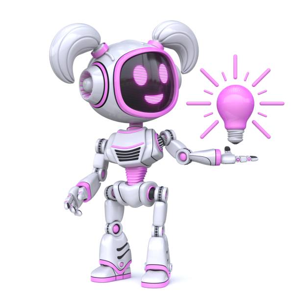 istock Cute pink girl robot with light bulb have an idea 3D 1383632919