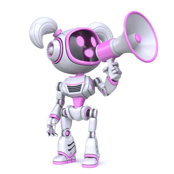 cute pink girl robot with megaphone 3d - announcement message robot public speaker message imagens e fotografias de stock