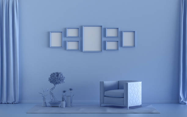 istock Mock-up poster gallery wall with 7 frames in solid pastel light blue room with single chair and plants, 3d Rendering 1383651034