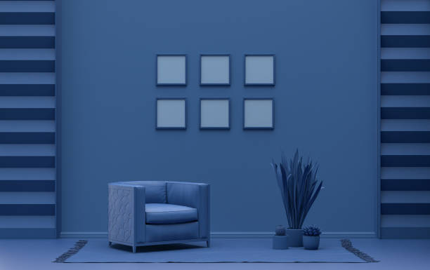 Mock-up poster gallery wall with six frames in solid pastel dark blue room with single chair and plants, 3d Rendering, poster or picture presentation