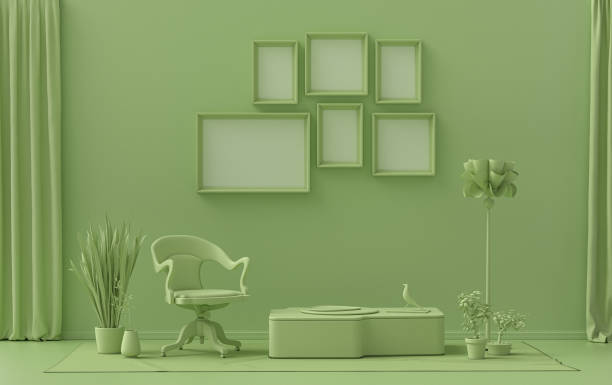 istock Poster frame background room in flat light green color with 6 frames on the wall, solid monochrome background for gallery wall mockup, 3d rendering 1383651236