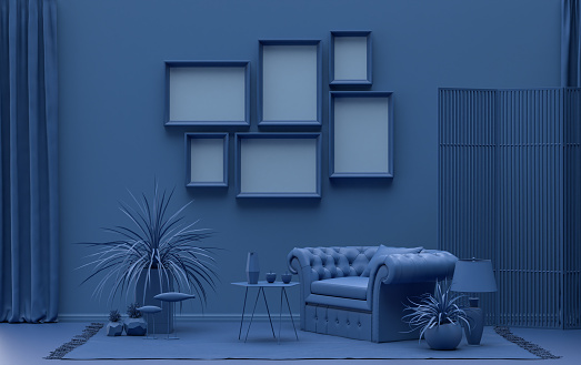 Wall mockup with six frames in solid flat  pastel dark blue color, monochrome interior modern living room with furniture and plants, 3d rendering, Gallery wall