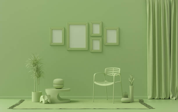 istock Flat color interior room for poster showcase with 5 frames  on the wall, monochrome light green color gallery wall with furniture and plants. 3D rendering 1383652828