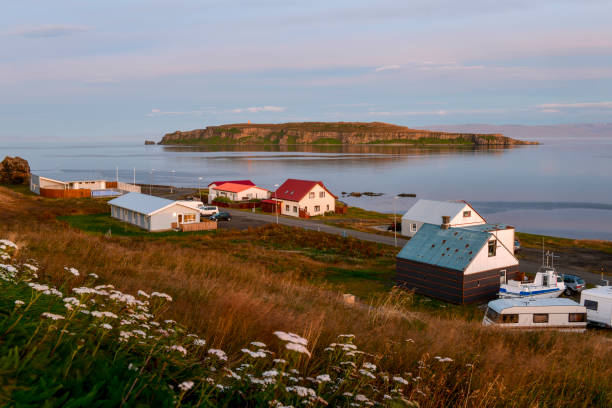 The small village of Drangsnes at the dusk moment, in northwest fjord, Iceland stock photo