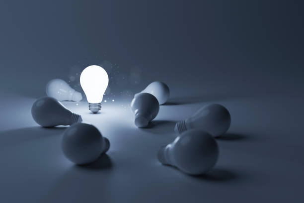 istock Light bulb bright outstanding among lightbulb on white background. Concept of creative idea and inspire innovation, Think different, Standing out from the crowd. 3d rendering illustration 1383674556