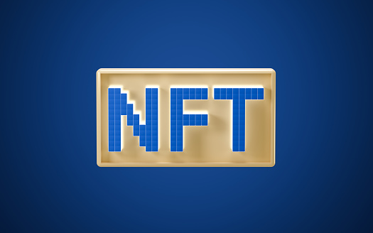 NFT nonfungible tokens concept with blue background, 3d rendering. Computer digital draing.