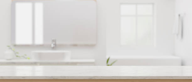 istock Luxury white bathroom background with mockup space on white countertop. 1383688200