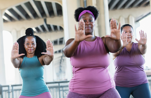 A multiracial group of three women exercising together outdoors under a bridge on a city waterfront. The two African-American women are in their 40s. Their Pacific Islander friend is in her 30s. They are standing, arms stretched out in front with hands in a stop gesture, practicing tai chi.