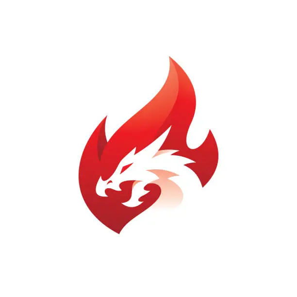 Vector illustration of Negative space dragon head and fire flame logo design, fire dragon vector icon