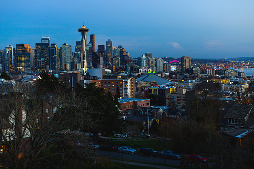 The city of Seattle Skyline at sunset with blue sky and copy space. Shot from Kerry Park in Seattle, Washington, USA