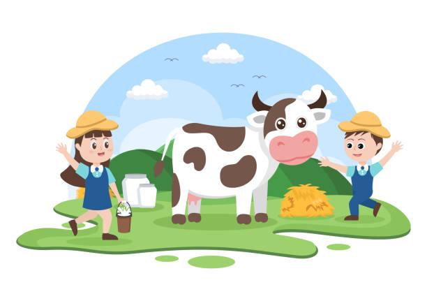 фермеры доят коров для производства или получения молока с видом на зеленые луга или на фермах в стиле иллюстрированной квартиры - ohtani stock illustrations