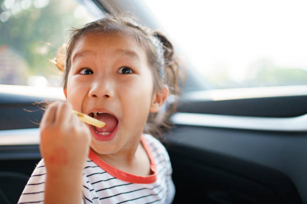 Cute little girl enjoy eating a french fry in the car. stock photo