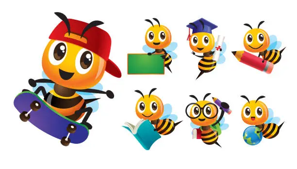 Vector illustration of Collection bee cartoon series in different poses and activities, skating, holding pencil, book, globe and blackboard. Vector bee mascot set