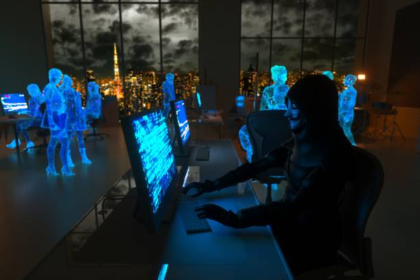 Hacker working in metaverse with City skyline stock photo