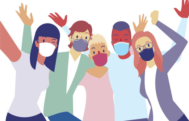 ilustraciones, imágenes clip art, dibujos animados e iconos de stock de amigos multirraciales tomándose selfie con máscara - trabajadores contentos