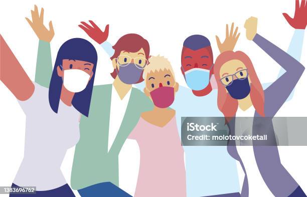 Multiracial Friends Taking Selfie In Mask Stock Illustration - Download Image Now - Protective Face Mask, Friendship, Women