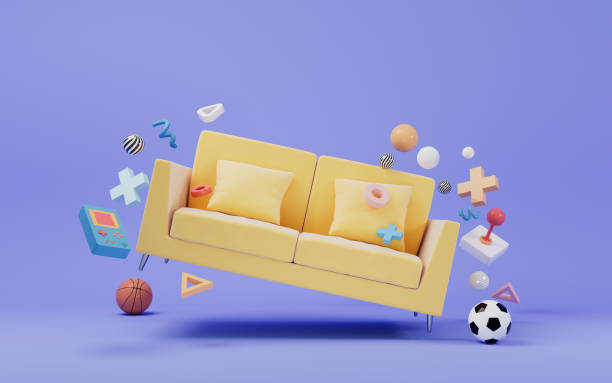 istock Sofa and toys, recreation and relaxation concept, 3d rendering. 1383696916