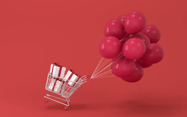istock Balloons and presents with red background, 3d rendering. 1383697667