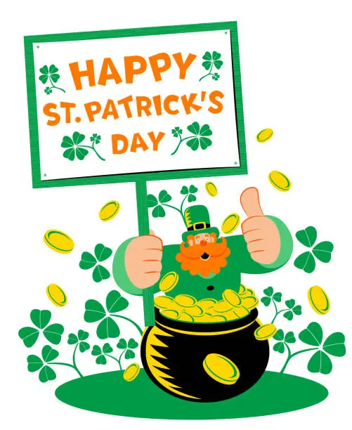 Vector illustration of The mysterious leprechaun popping out of a pot of gold gives a thumbs up and shows a plank sign that has a 