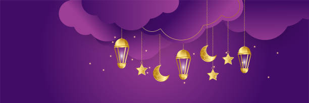istock Ramadhan lantern purple gold colorful wide banner design background 1383701395