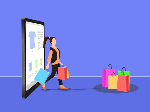 Vector illustration of woman with shopping bags, concept of online shopping for clothes
