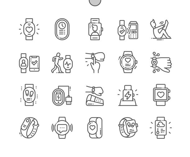 Fitness bracelet. Nfc payment. Running. Pedometer. Pixel Perfect Vector Thin Line Icons. Simple Minimal Pictogram Fitness bracelet. Nfc payment. Running. Pedometer. Pixel Perfect Vector Thin Line Icons. Simple Minimal Pictogram smart watch stock illustrations