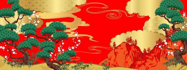 krajobraz z sosnami i kwitnącą śliwką - korean culture obrazy stock illustrations