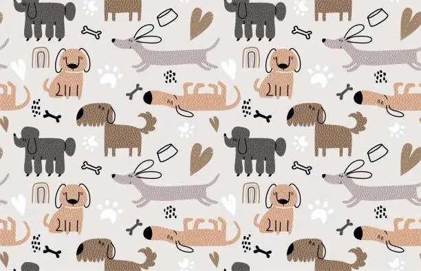 Vector illustration of Childish seamless pattern with funny dogs.