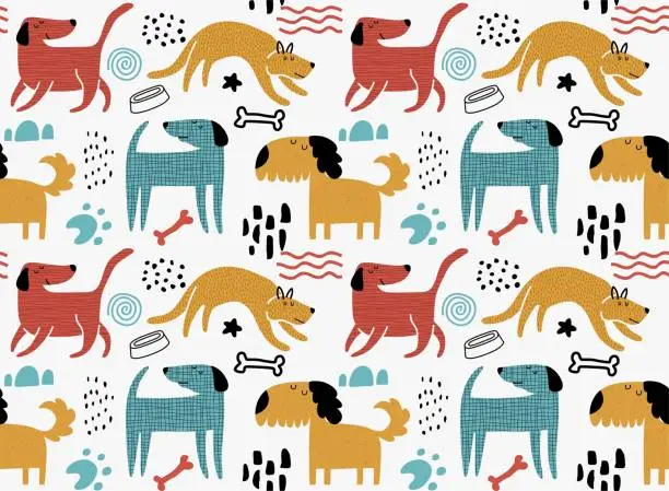 Vector illustration of Childish seamless pattern with funny dogs.
