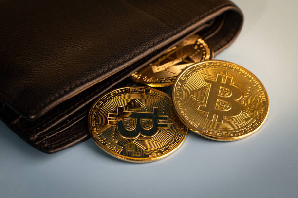 goldener bitcoin-token, der aus einer brieftasche fällt. digitale währung. kryptowährung. bitcoin-geldbörse - futurismus fotos stock-fotos und bilder
