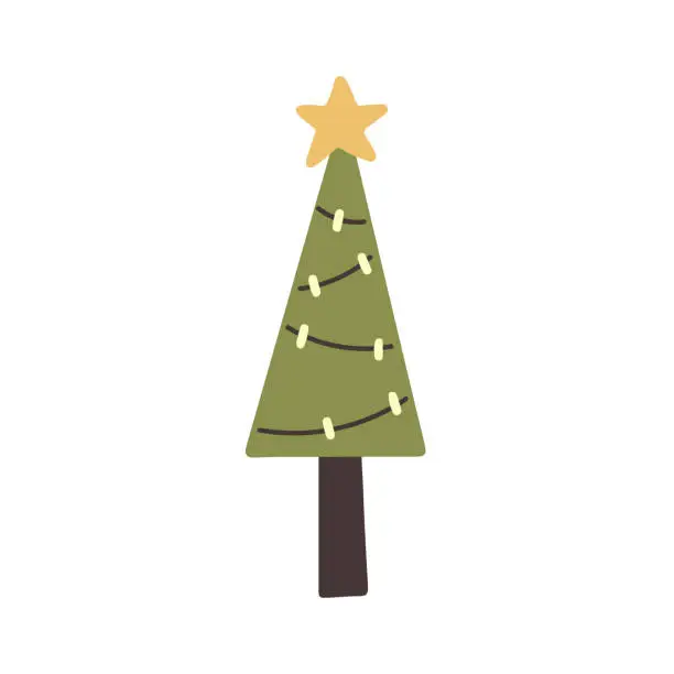 Vector illustration of Green Christmas tree with garland and star