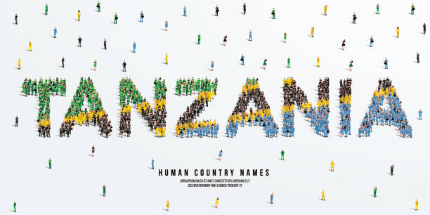 A large group of people stands, making up the word Tanzania. Tanzania flag made from people crowd. Vector illustration isolated on white background. A large group of people stands, making up the word Tanzania. Tanzania flag made from people crowd. Vector illustration isolated on white background. tanzania stock illustrations