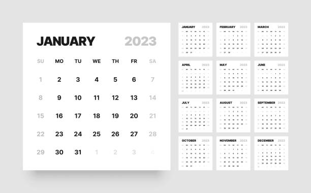 Monthly calendar for 2023 year. Starts on Sunday. Monthly calendar template for 2023 year. Desktop calendar in the style of minimalist square shape. Week Starts on Sunday. kalender stock illustrations